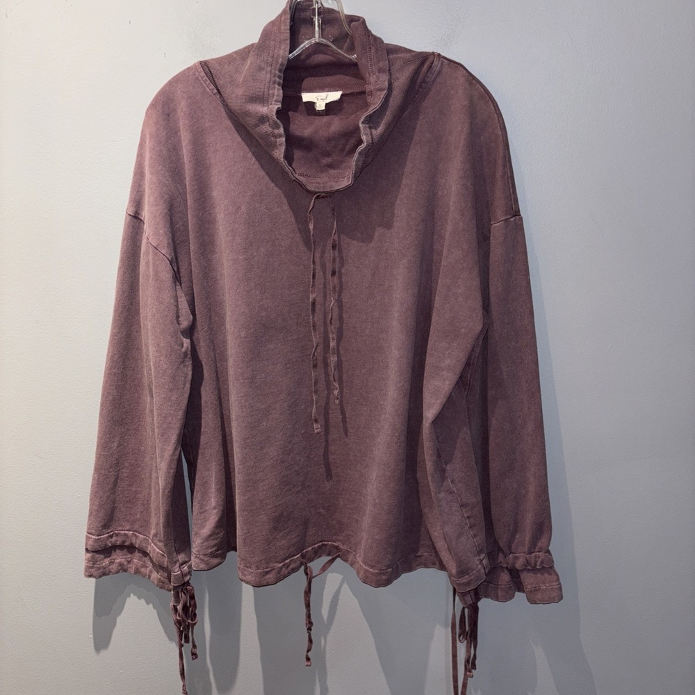 Easel Women's SzM Acid Wash‎ Purple Oversized Sweatshirt Cowl Neck Tie Accents